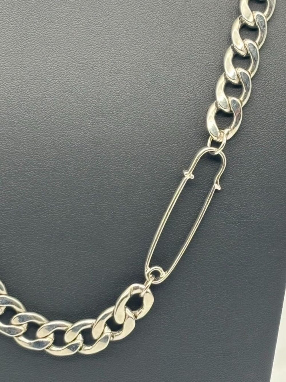 Chunky Silver-Tone Cuban Link Chain Necklace W/Faux Safety Pin Accent Adjustable - Picture 4 of 11